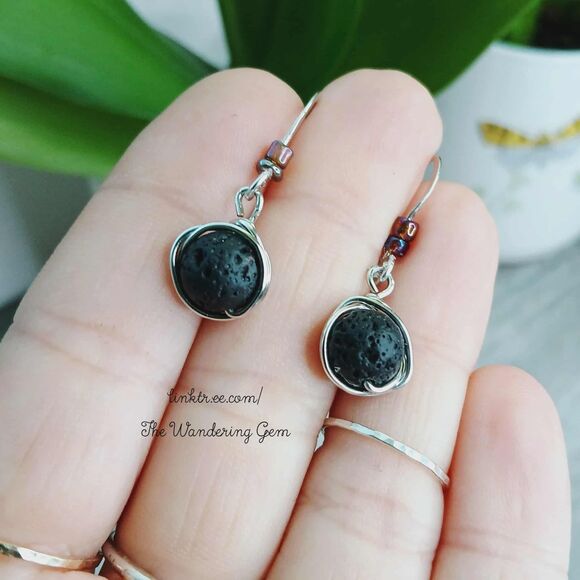 Lava Rock Beaded Dangle Earrings, Hammered Earrings, 1.5" - Picture 5 of 6